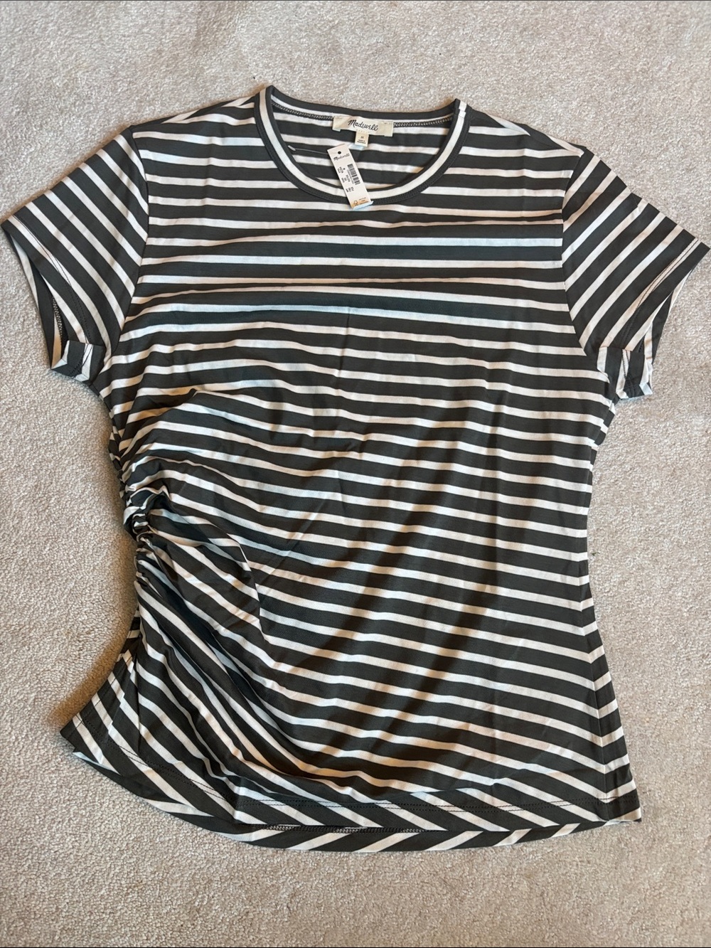 Madewell asymmetrical ruched tee in Allday Jersey size medium, white& green/grey